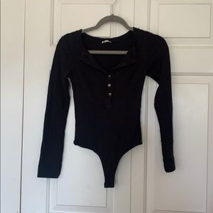 Black Free People Long Sleeve Thong Body Suit